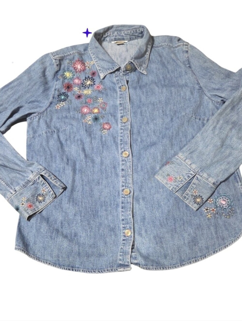 Vtg Christopher & Banks L/Xl Denim Button-Up Shirt with Floral Embroidery